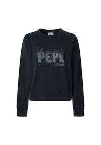 Sudadera negra con cuello redondo y mangas largas. En la parte frontal presenta "PEPE JEANS" en un diseño con tachuelas y acabado texturizado.