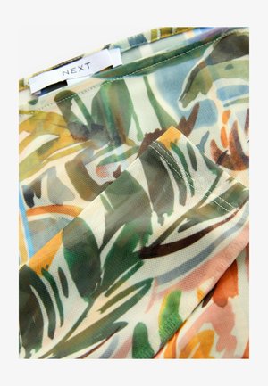Sheer fabric with a colorful, abstract botanical pattern featuring greens, browns, and yellows, stitched edges, and a label reading "NEXT."