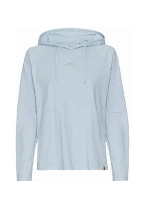 Light blue hoodie featuring long sleeves, a drawstring hood, and a front logo with text. Soft texture and relaxed design for comfort.