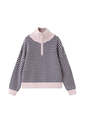 Pull en maille avec des rayures horizontales bleu marine et rose clair, un col montant côtelé et une fermeture éclair frontale à moitié.