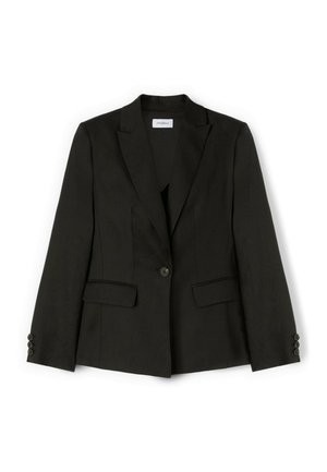 Sort enkelt-knap dameblazer med hakkede revers, klaplommer og tre knapper på hver ærmekant.