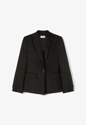 Sort enkelt-knap dameblazer med hakkede revers, klaplommer og tre knapper på hver ærmekant.