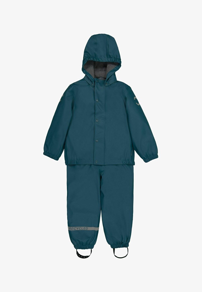 Teal kinderregenpak, met een capuchon, elastische manchetten, drukknoopsluitingen en reflecterende accenten. Gemaakt van gerecycled materiaal.