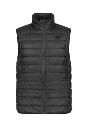 Giubbotto smanicato nero con colletto alto, caratterizzato da sezioni trapuntate orizzontali, una zip frontale e una piccola toppa con logo sulla parte superiore sinistra.