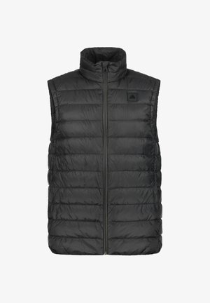 Černá péřová vesta s vysokým límcem, s horizontálně prošívanými sekcemi, předním zipem a malou logovou nášivkou na horním levém rohu.