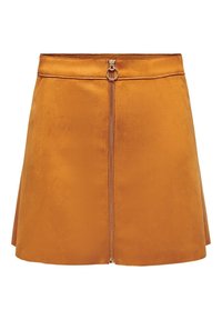 Orange mockaskinn mini kjol med en frontdragkedja och rund dragring. A-linjeformad och slät textur utan synliga mönster eller detaljer.