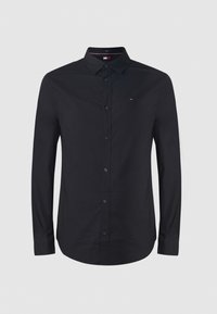 Zwarte longsleeve shirt van gladde stof, voorzien van een button-down kraag, knopen aan de voorkant, en een klein logo op de borst.