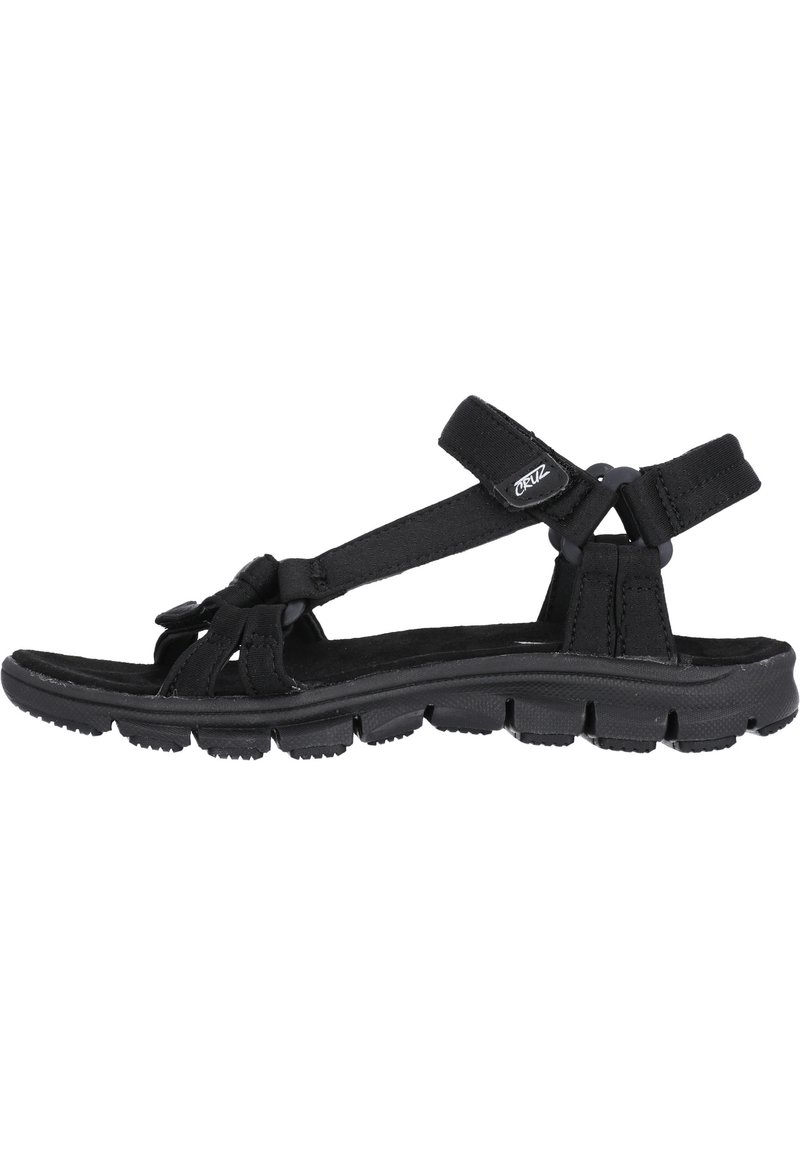 Black sandal with adjustable straps, rubber sole, textured footbed, and padded ankle support. Lightweight design suitable for casual wear.