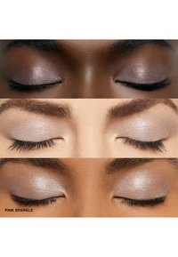 Drei Paare geschlossener Augen, die verschiedene Lidschattenfarben zeigen. Oben: lila Schimmer; Mitte: sanftes Beige; Unten: glitzerndes Pink.