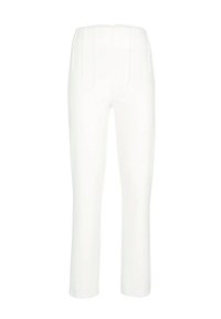 White trousers with a straight leg design, featuring side pleats and a smooth texture. No visible pockets or hardware details.