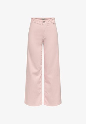 Høytlivde, vide cropped bukser i lys rosa med beltestropper, frontknapp og glidelås, vist mot en hvit bakgrunn.