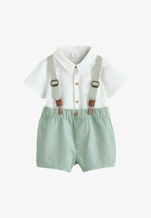 Short-sleeve white button-up shirt with pocket, paired with light green shorts. Features adjustable grey striped suspenders and wooden buttons.