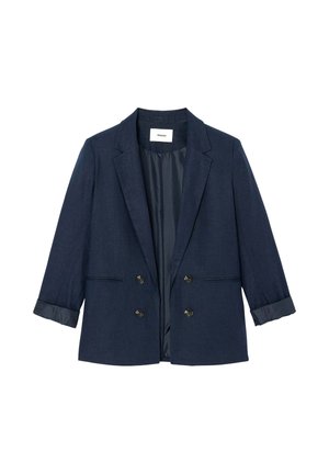 Blazer bleu marine à double boutonnage avec revers crantés, deux poches avant, poignets à boutons et doublure intérieure lisse, présenté à plat sur fond blanc.
