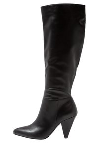 Schwarze Leder-Stiefel für Frauen bis zur Wade mit spitzem Fuß und kegelförmigem hohen Absatz.