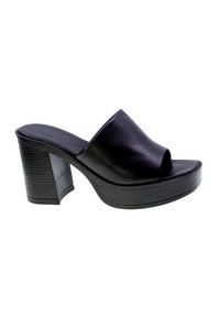 Tacchi platform neri open-toe con rifinitura in pelle liscia, ampia fascia superiore e design del tacco a blocco scanalato, caratterizzato da una leggera curvatura.