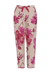 Bloemmotieven broek in lichtbeige met grote roze en bordeauxbloemen. Beschikt over een trekkoord in de taille en een taps toelopende pasvorm.