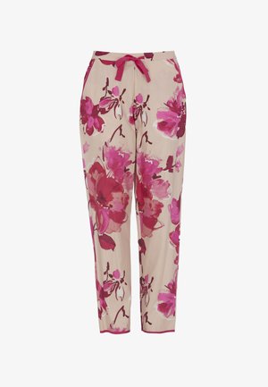 Bloemmotieven broek in lichtbeige met grote roze en bordeauxbloemen. Beschikt over een trekkoord in de taille en een taps toelopende pasvorm.