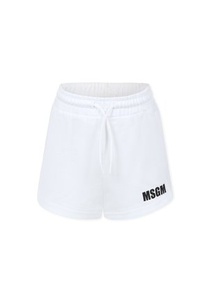 Pantaloni corti in felpa bianca con cintura elastica, cordino e logo nero "MSGM" sul lato inferiore destro. Tessuto morbido.