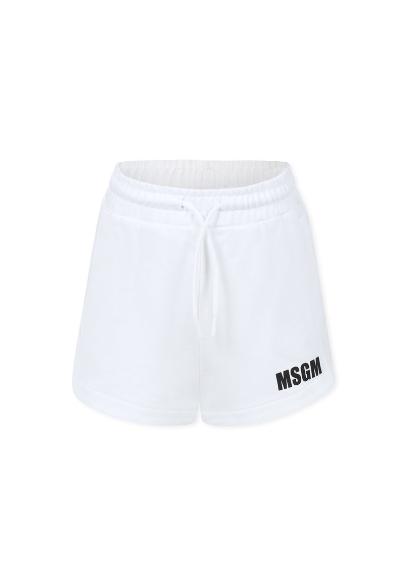 Pantaloni corti in felpa bianca con cintura elastica, cordino e logo nero "MSGM" sul lato inferiore destro. Tessuto morbido.