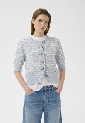 Frau steht mit den Händen in den Taschen, trägt eine hellblaue, gemusterte, geknöpfte Strickjacke über einem weißen Hemd und blauen Jeans vor einem einfarbigen Hintergrund.