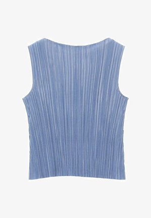 Niebieski top bez rękawów z pionowymi fałdami, okrągłym dekoltem i gładką teksturą, zaprojektowany w luźnym kroju.