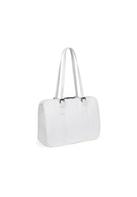 Witte leren tote bag met twee lange handvatten, rechthoekige vorm, gestikte details en een strakke uitstraling. Ritsluiting aan de bovenkant.