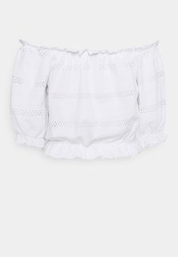 Bílá off-shoulder blůza s nafouknutými rukávy. Obsahuje vyšívané vzory a volánkový lem, vyrobena z lehkého materiálu.