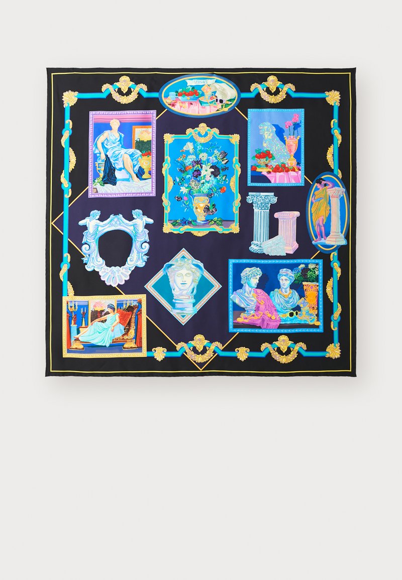Silk scarf featuring a dark background with vibrant blue, pink, and gold framed classical art motifs and decorative elements throughout.