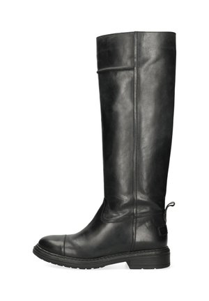 Bota alta de montar negra de cuero con punta redondeada, tacón bajo y trabilla en la parte trasera, mostrada en vista de perfil izquierdo.