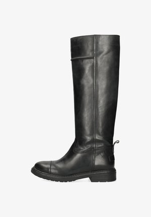 Bota alta de montar negra de cuero con punta redondeada, tacón bajo y trabilla en la parte trasera, mostrada en vista de perfil izquierdo.