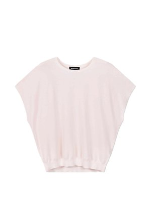 Lichtroze loszittend topje met korte mouwen, een ronde halslijn en een geribde zoom, met het label "REPEAT" aan de binnenkant van de kraag.