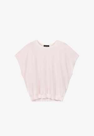 Lichtroze loszittend topje met korte mouwen, een ronde halslijn en een geribde zoom, met het label "REPEAT" aan de binnenkant van de kraag.