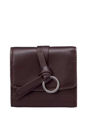 Dark brown leather wallet folded with a strap looped through a silver metal ring for closure.