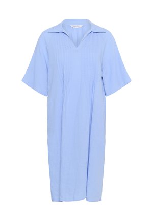 Light blue knee-length dress with short sleeves, a collar, and vertical pleats on the front.