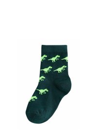 Tume roheline sokk roheliste dinosaurusemustritega, väike suurus, pahkluu pikkus.