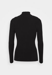 Pull en maille côtelée noire à manches longues avec un col montant, vu de dos sur fond blanc uni.