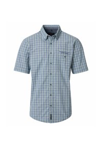 Kurzarm-Karottenhemd in Hellblau und Grün, mit einem Button-Down-Kragen, einer Brusttasche und einem gebrandeten Logo über der Tasche.