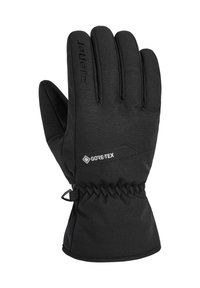 Black gloves made from fabric and leather, featuring a GORE-TEX logo, elastic cuff with a drawstring for secure fit, and stitched detailing.