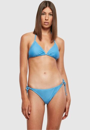 Sky blue bikini made from smooth fabric, featuring a triangle top with adjustable straps and a tied side on the bottom.