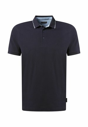 Navy blue polo shirt made of cotton, featuring a three-button placket, short sleeves, and a contrasting striped collar. Small logo detail.