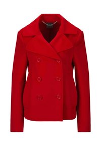 Roter Woll-Mix-Peacoat mit doppelter Knopfleiste, großen Revers und zwei vorderen Taschen mit passenden Knöpfen. Glatte Textur.