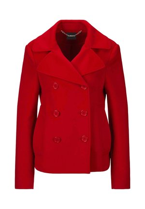 Roter Woll-Mix-Peacoat mit doppelter Knopfleiste, großen Revers und zwei vorderen Taschen mit passenden Knöpfen. Glatte Textur.
