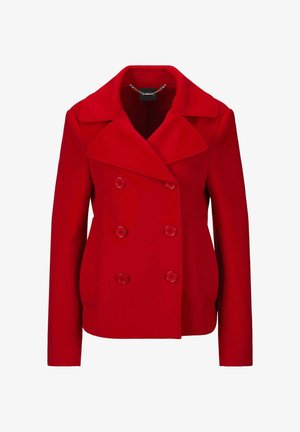 Roter Woll-Mix-Peacoat mit doppelter Knopfleiste, großen Revers und zwei vorderen Taschen mit passenden Knöpfen. Glatte Textur.