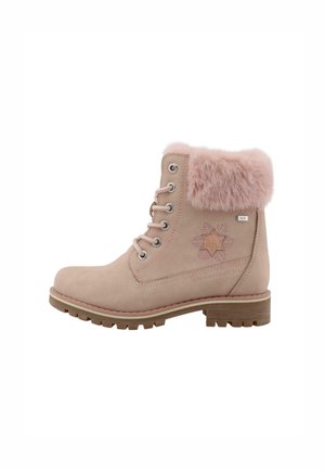Botte d'hiver rose à lacets avec bordure en fourrure, décoration flocon de neige et étoile sur le côté, et semelle robuste pour usage extérieur.
