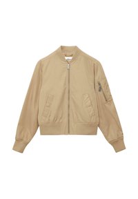 Veste bomber beige avec une fermeture éclair à l'avant, un col côtelé et des poignets élastiques. Comprend deux poches latérales et une poche à fermeture éclair sur la manche.