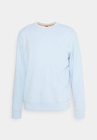 Ljusblå sweatshirt i bomullsmix. Har rund hals, ribbade muddar och en liten logotypetikk på bröstet. Slät textur.