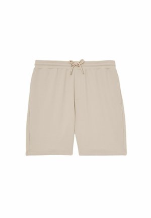 Beige teksturerede strikkede shorts med snor og elastisk talje, vist fladt.