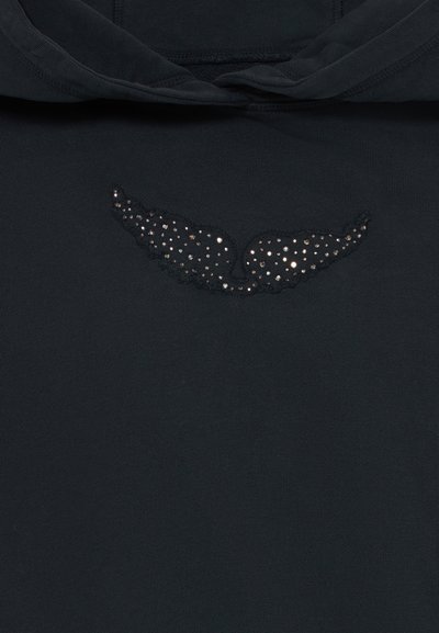 Black hoodie with rhinestone-studded wings design on the chest below the hood opening.