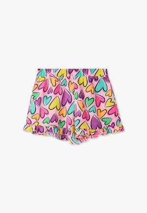 Pantaloni corti rosa con un motivo a cuore in più colori, caratterizzati da un orlo arricciato e un tessuto testurizzato per un tocco in più.