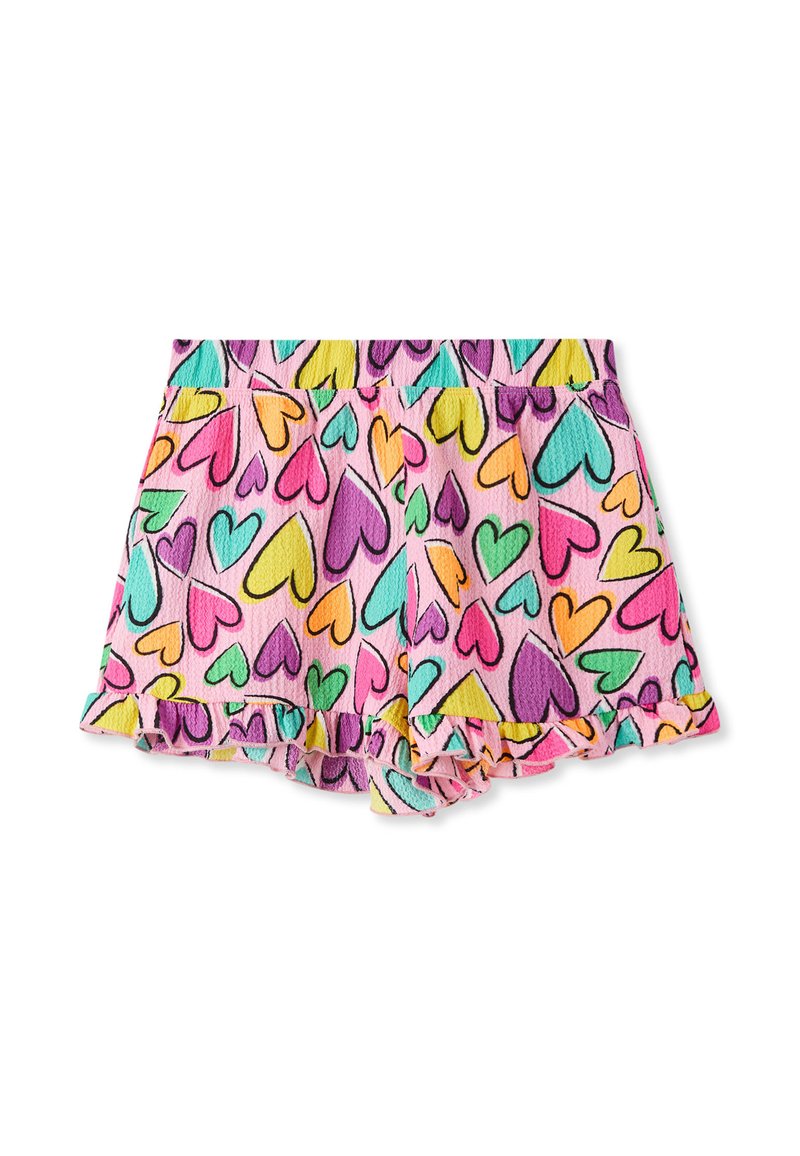 Pantaloni corti rosa con un motivo a cuore in più colori, caratterizzati da un orlo arricciato e un tessuto testurizzato per un tocco in più.